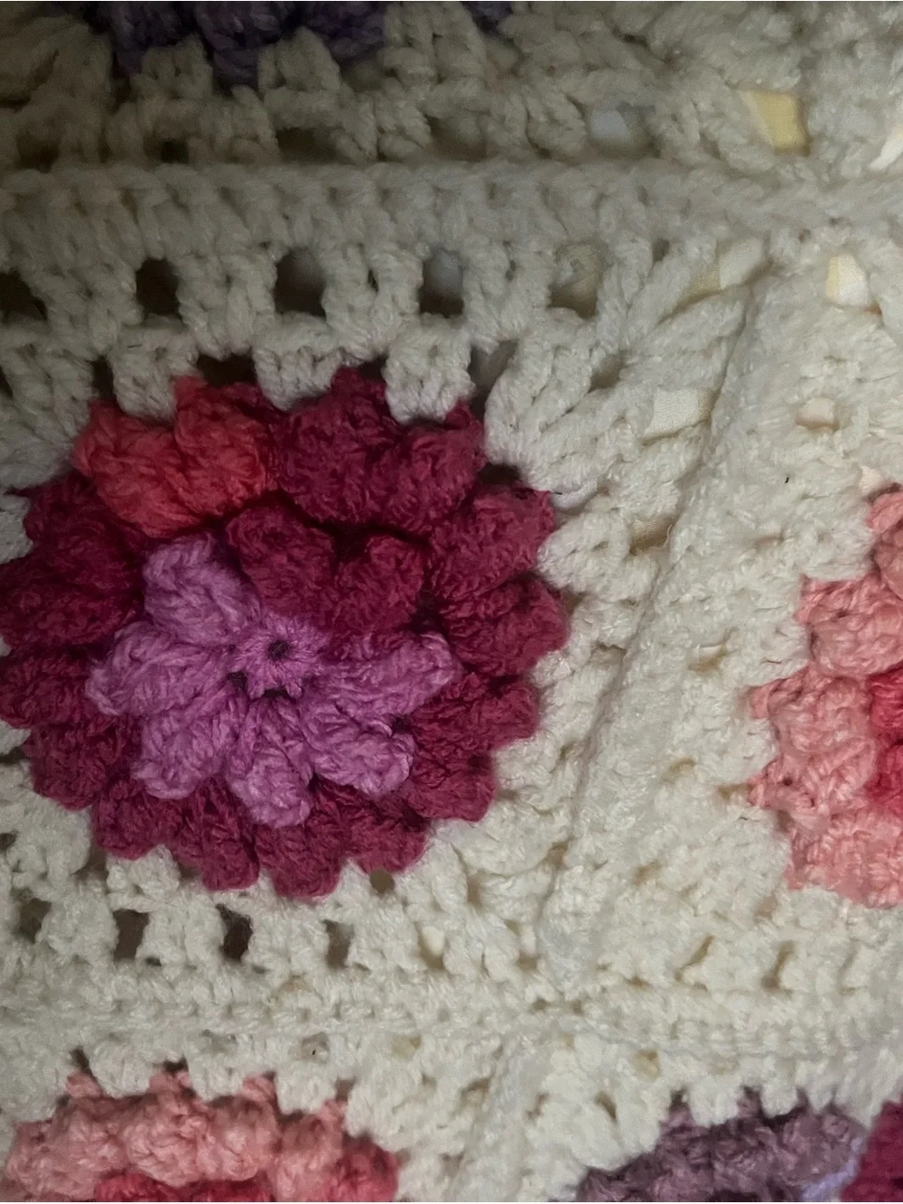 Handmade Crochet Floral Quilt Throw - Pink, Purple & Cream